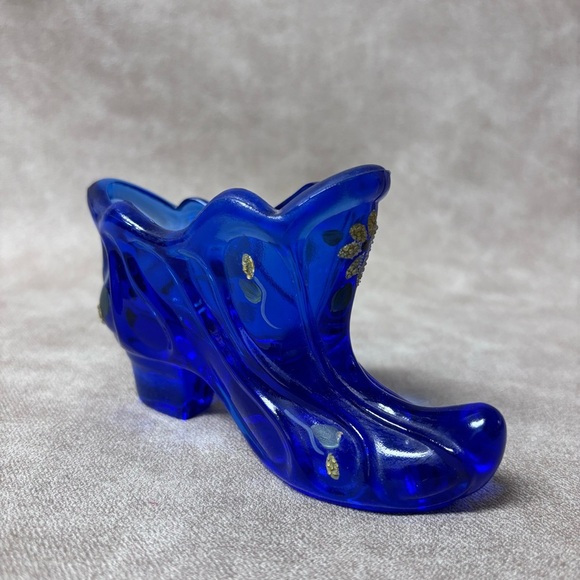 Vintage Fenton Cobalt Blue Hand Painted Signed  Glass Shoe - Picture 2 of 6